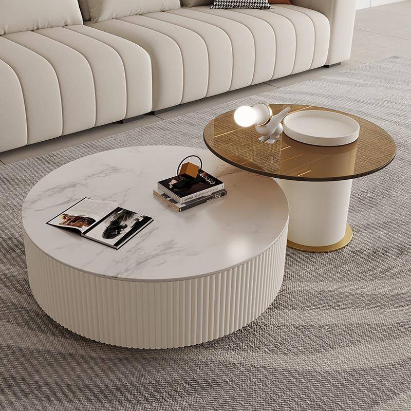 轻奢岩板茶几电视柜组合家用客厅现代简约奶油风圆形茶几小户型