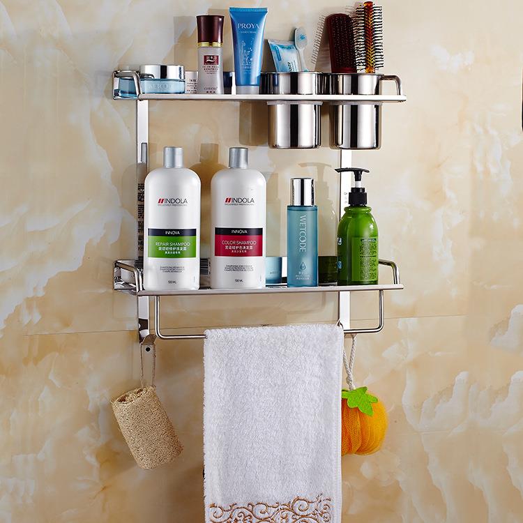 新款SUS304不锈钢双杯双层带毛巾杆浴室置物架304不锈钢更牢固