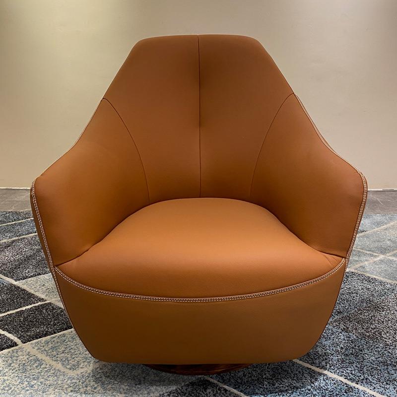 轻奢现代简约休闲椅北欧茶室真皮沙发旋转椅高端乌金实木单人沙发