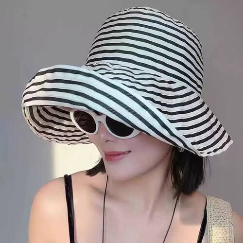 法式复古正版防晒帽前长后短条纹大檐帽子可卷折遮阳帽多功能春夏