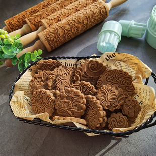 TITIBEAR 复古花形印花擀面杖加深雕刻工艺厨房DIY烘焙工具 欧式