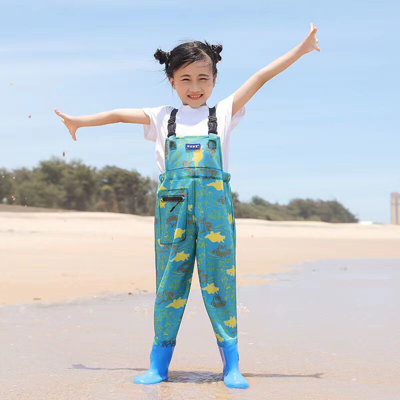 儿童下水裤玩水小孩涉水裤连体防水衣服赶海捞鱼男女沙滩雨裤雨鞋