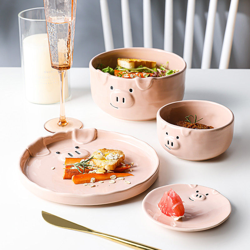 碗碟卡通可爱家用陶瓷日式创意盘餐具套装小猪饭碗早餐一人食组合