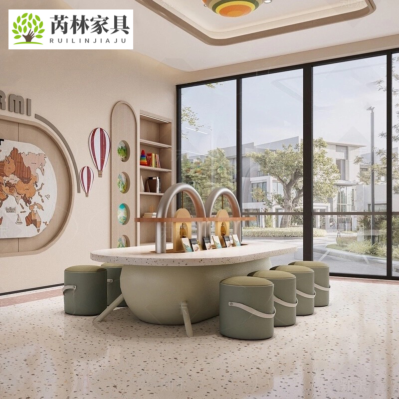 轻奢售楼处儿童桌椅组合幼儿园娱乐区实木桌子设计师小凳子定制