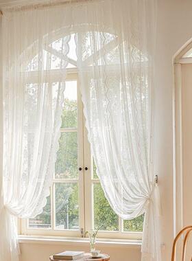 免打孔魔术贴穿杆窗帘窗纱帘法式白色蕾丝客厅阳台飘窗门帘短