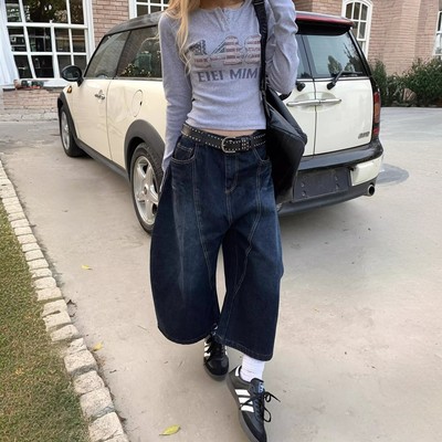 大码美式背后刺绣拼接弯刀裤牛仔裤女夏季新款复古阔腿七分裤短裤
