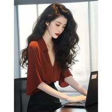 SS400法式独特红色短袖衬衫女2025新款冷淡系高级感气质雪纺上衣