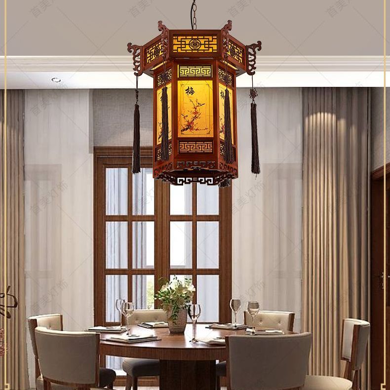 中式吊灯仿古寺庙走廊灯实木酒楼包间羊皮灯具中国风宫廷古典灯笼