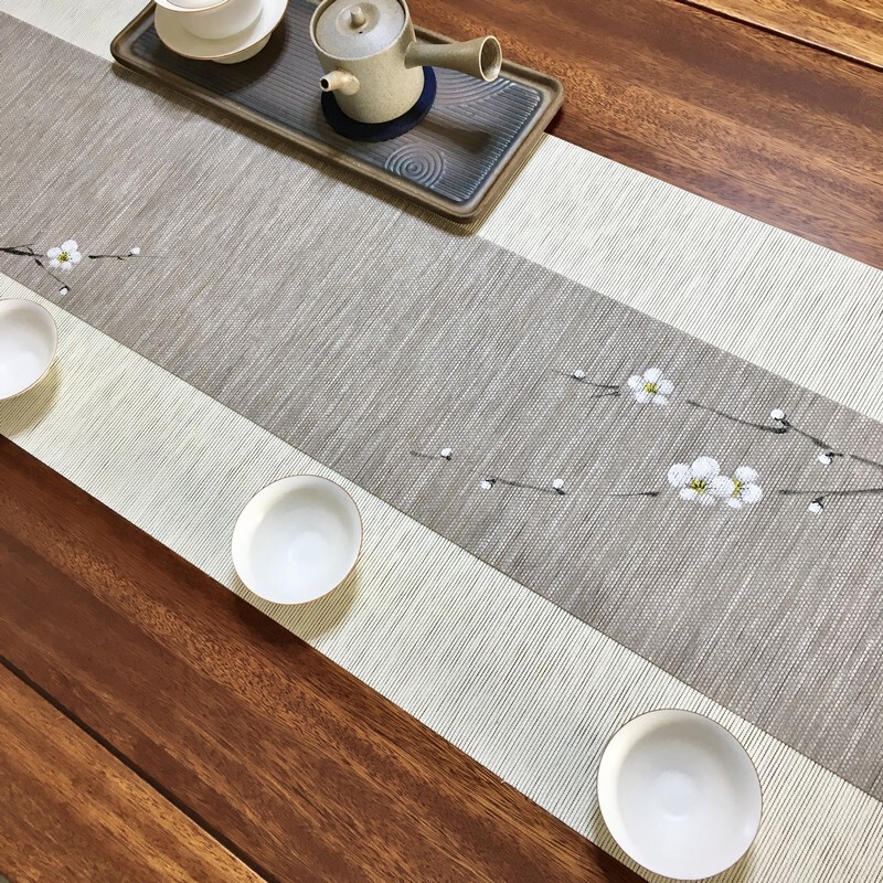 防水草编茶席侘寂风桌旗中式禅意茶布茶桌布茶旗绘画茶台茶垫定制