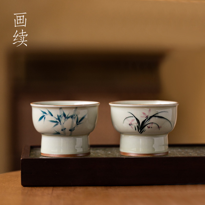 画续草木灰手绘兰花高脚杯主人杯单杯功夫茶杯单个陶瓷茗杯