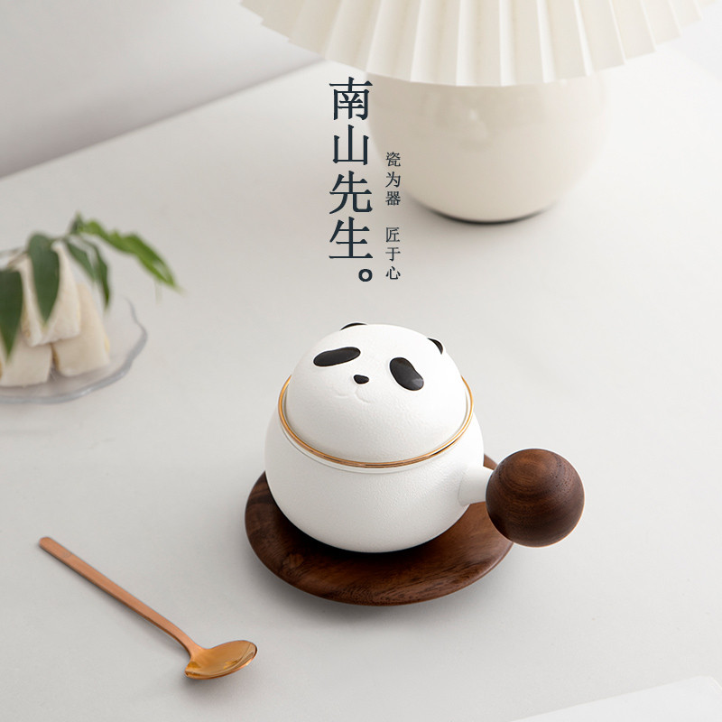 南山先生 熊猫泡茶杯茶杯陶瓷茶水分离马克杯礼物创意咖啡杯