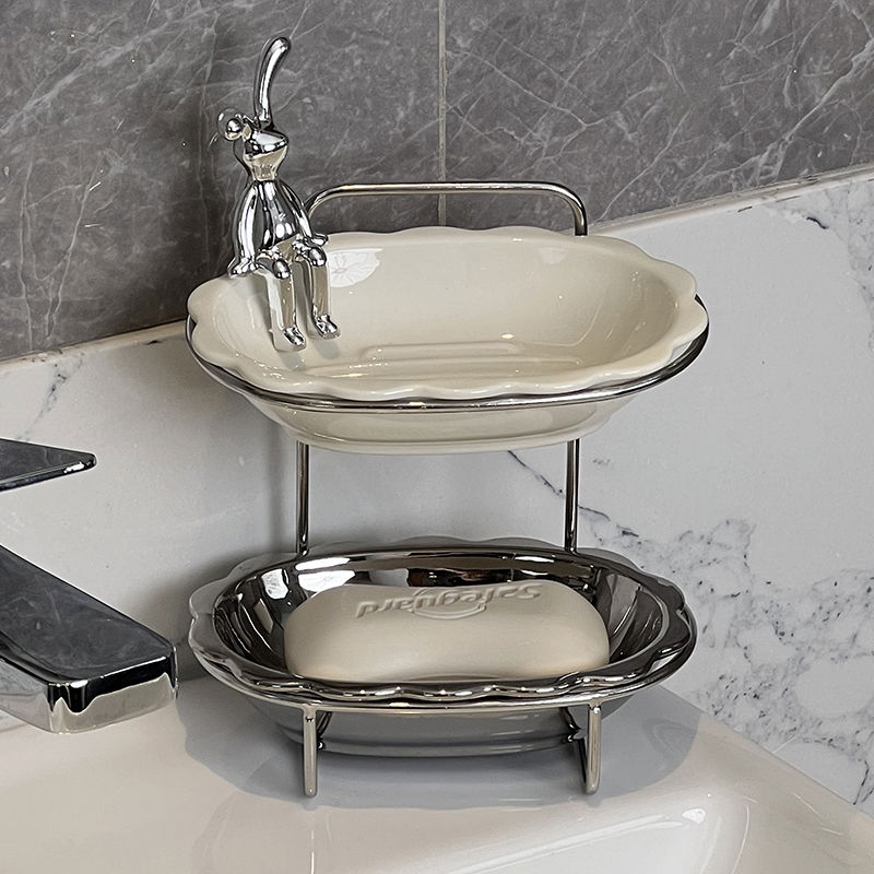 轻奢陶瓷肥皂盒卫生间家用高档沥水皂碟免打孔壁挂双层香皂置