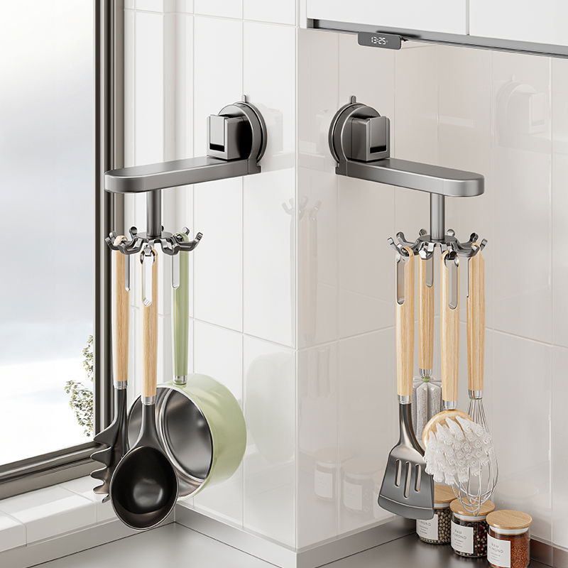 厨房旋转吸盘挂钩壁挂式置物架厨具收纳架锅铲勺子铲子免打孔