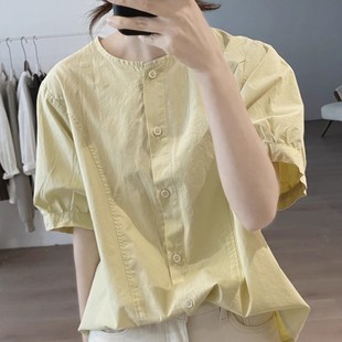 女夏新款 1132 純棉圓領短袖 襯衫 減齡上衣 顯瘦簡約小眾設計感短袖