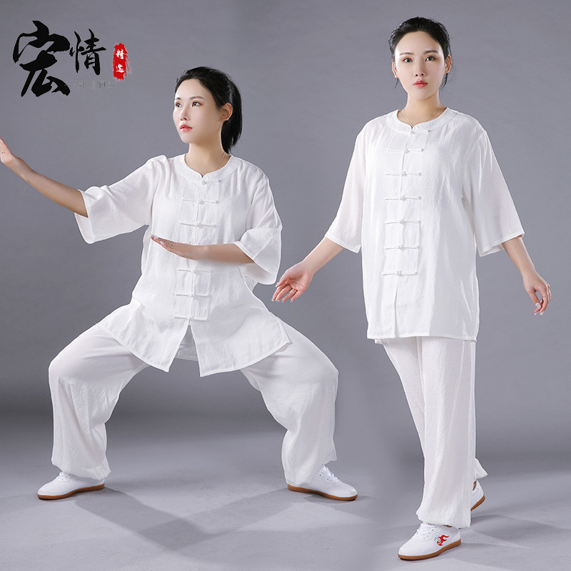 宏情太极服女夏季棉麻中袖武术服低领短袖透气练功服男士太极拳服