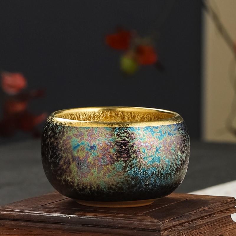 高档建盏铁胎宫廷风七彩功夫泡茶杯陶瓷鎏金品茗杯单个窑变主人杯
