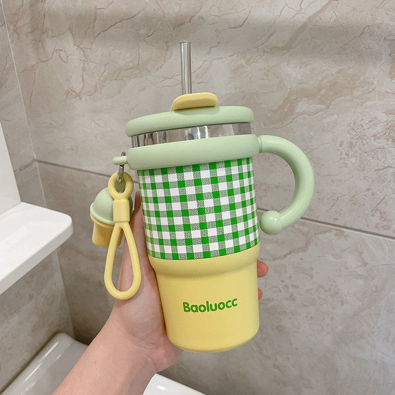 高颜值咖啡保温杯新款2025双饮水杯女生大容量把手带吸管随行杯子