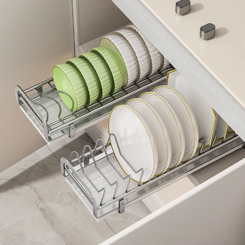 抽拉式碗架厨房橱柜拉篮碗篮抽屉内置抽拉碗碟架收纳架沥水置