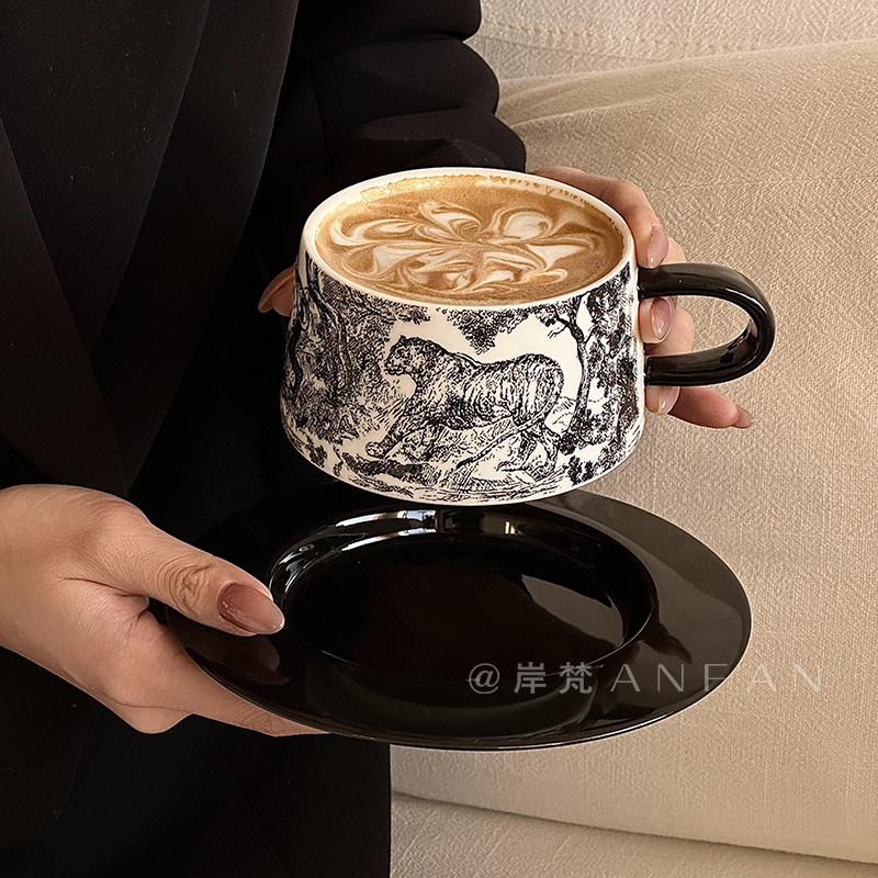 岸梵 法式高颜值虎跃龙骧咖啡杯碟套装创意黑色陶瓷杯子下午