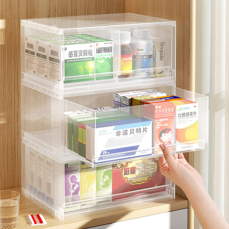 桌面抽屉式收纳盒透明药箱多层药收纳箱置物架家庭防尘整理