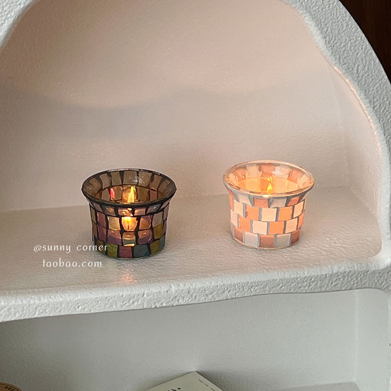 彩色马赛克玻璃烛台欧式复古高级感餐桌烛杯摆件小物件拍照道具