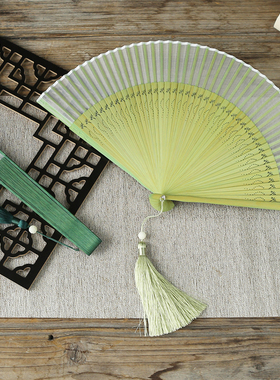 特价 莫干扇 新中式绿色蜻蜓扇子折扇中国风古风汉服扇真丝折扇