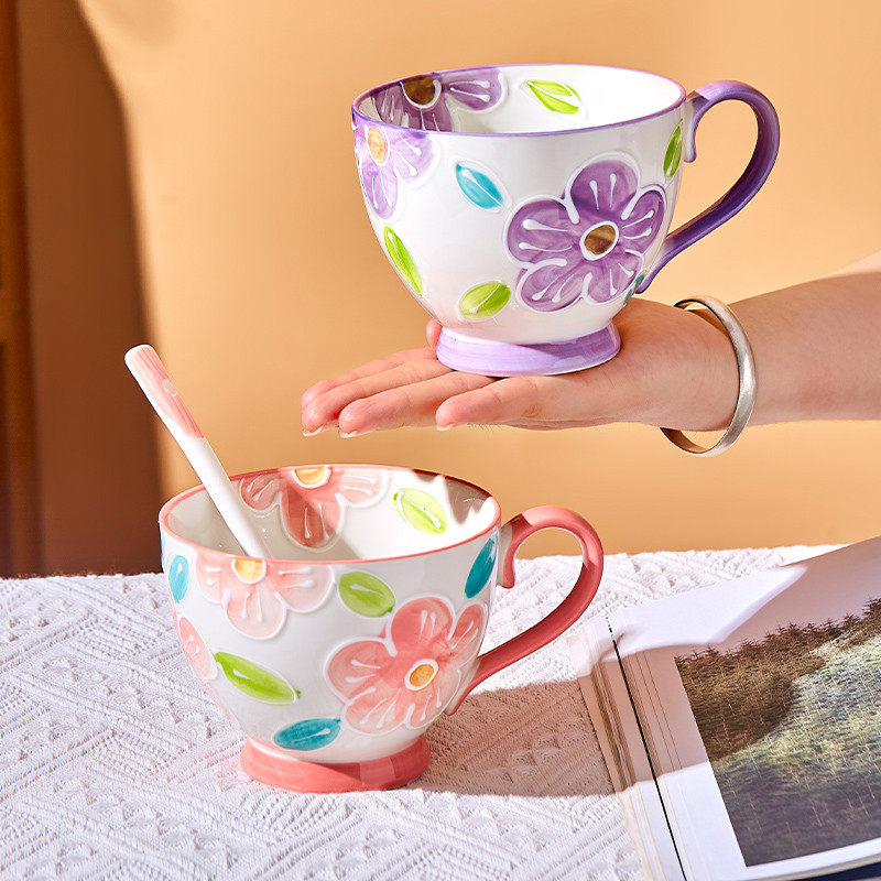 陶瓷马克杯子大容量水杯带盖勺高颜值牛奶燕麦早餐杯可微波咖啡杯