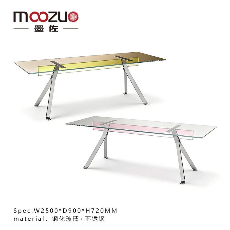 意式极简钢化玻璃餐桌设计师长方形饭桌现代不锈钢艺术洽谈办公桌