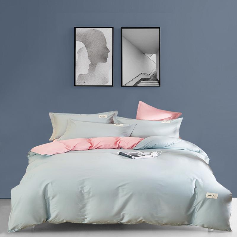 纯色四件套纯棉全棉40支斜纹床单被套床上用品单人三件套蓝色灰色