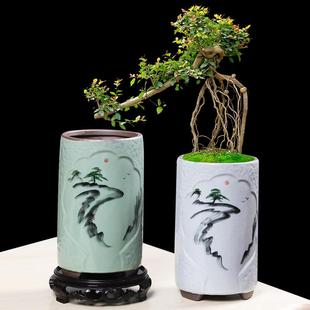 紫砂兰花专用花盆陶瓷大口径高款手绘家用桌面造景榕树微景观盆栽