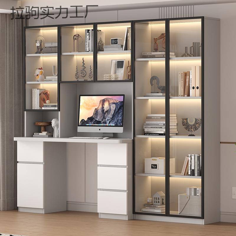 实木书桌书架组合电脑桌书柜一体靠墙玻璃门学习写字桌