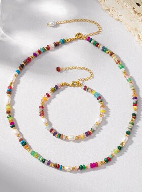 2024复古小众撞色天然彩石串珠设计手链淡水珍R珠项链女叠戴锁骨