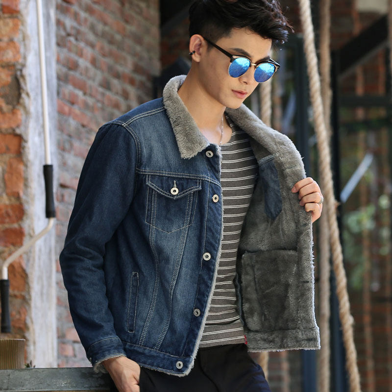 秋冬季青少年男士牛仔q外套男加绒加厚夹克上衣学生韩版修身棉衣