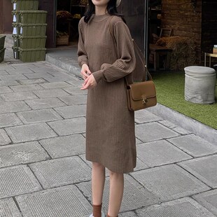 春秋冬新款小个子针织长袖洋装女宽松中长版百搭显瘦毛衣打底裙