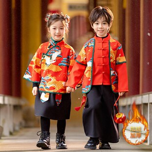 男童汉服秋冬加绒古风套装儿童唐装中国风周岁宝宝古装国学表演服