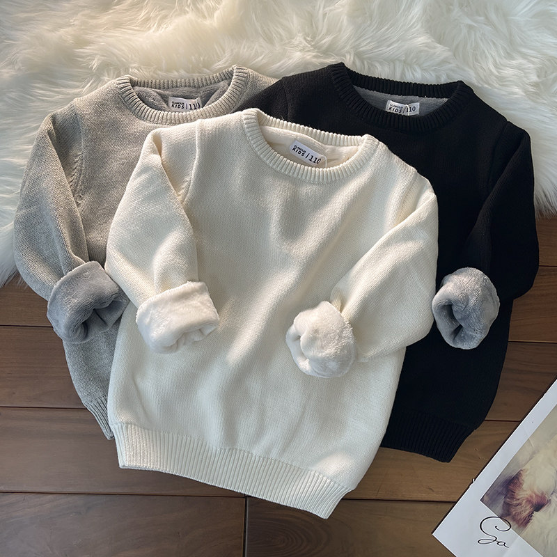儿童毛衣男童套头春秋纯色白色黑色针织衫加绒加厚保暖打底衫童装
