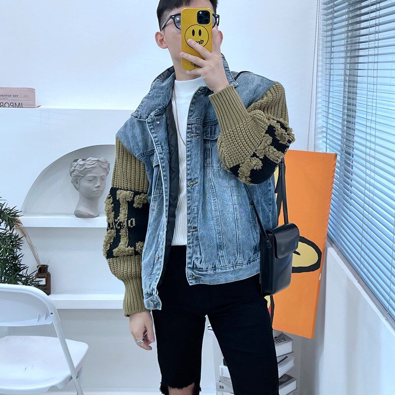 卷毛秋冬韩版简约设计感毛衣袖拼接加厚牛仔棉衣男V复古棉服外套