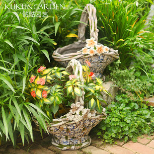 欧式手绘复古仿青花仿陶瓷手提花盆别墅花园园艺户外阳台绿苔花篮