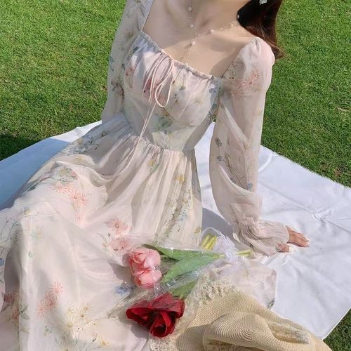 绝美长袖雪纺连衣裙春夏新款仙女超仙森系温柔风茶歇法式初恋裙子