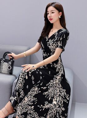 中年气质V领过膝长裙 大码妈妈冰丝短袖纯色牛奶丝连衣裙30-40-50