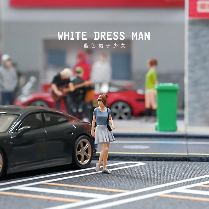 1:64蓝色裙子少女微缩女生人偶女孩模型沙盘场景道具手办微拍小人