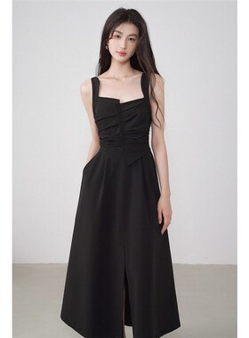 宝藏显瘦款 错位不规则吊带连D衣裙女夏季高级感黑色长裙子