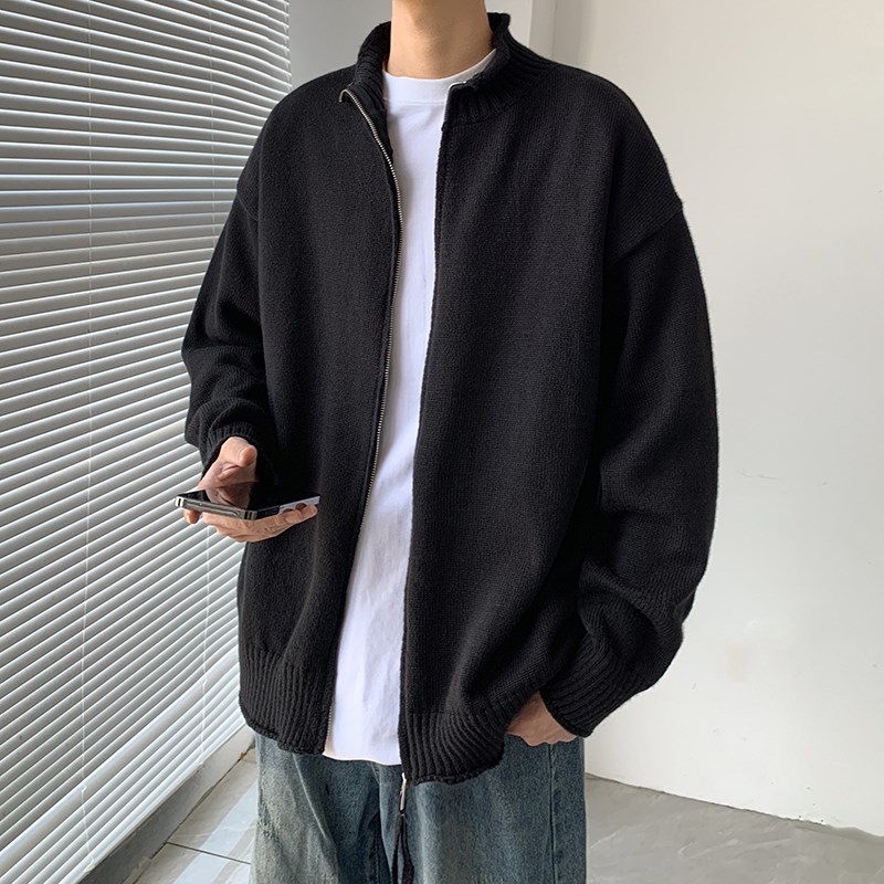 纯色开衫毛衣男款秋冬季日系简约复古宽松休闲百搭U立领针织衫外