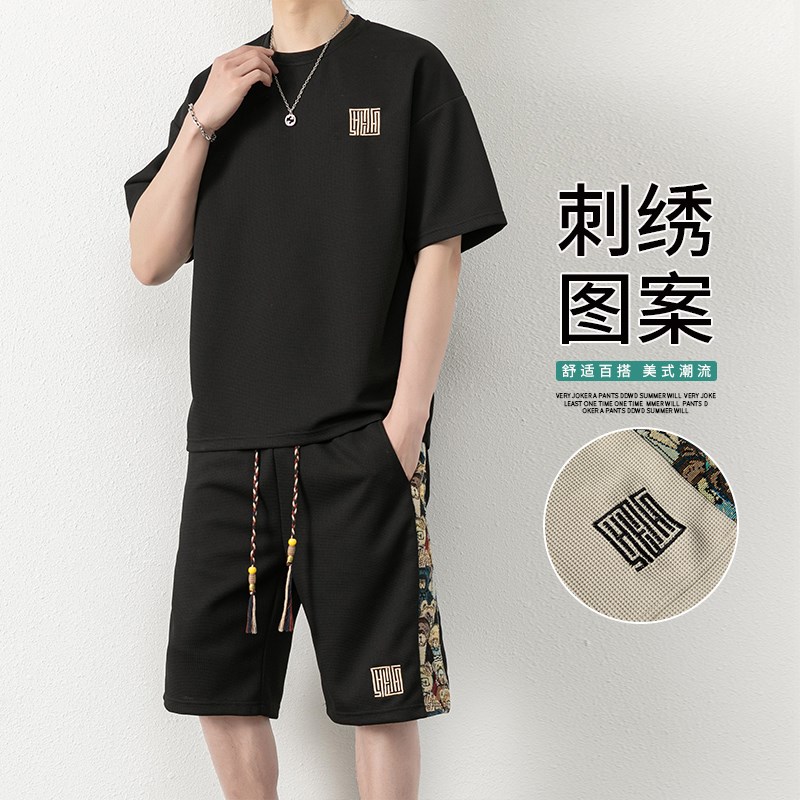 夏季刺绣一套搭配短袖T恤青x少年上衣短裤两件套运动潮流休闲套装