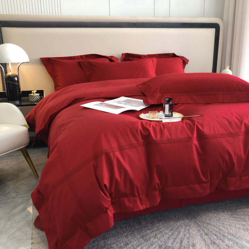 100支新疆长绒棉l简约红色结婚庆四件套 陪嫁喜被床品被套1.8m新