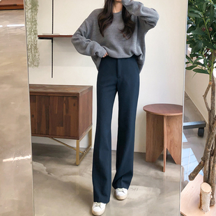 韩版高腰直筒裤宽松显瘦女拖地长裤2020秋冬新款西裤垂坠感工装裤