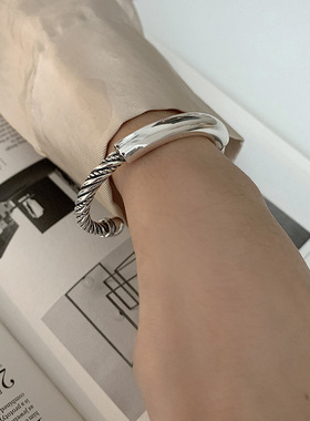 韩国重工粗版麻花手镯女925银个性复古简约光面手环时尚手饰潮