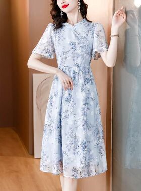 蓝色雪纺碎花连衣裙女202u3夏季新款中国风复古优雅淑女风中长裙