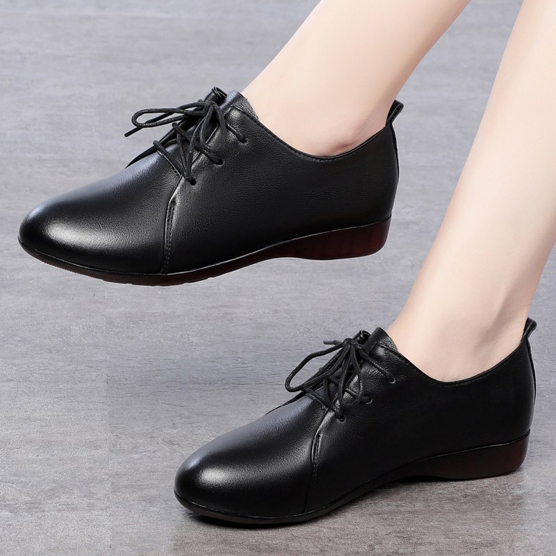 2023年春秋新款真皮系带平底深口妈妈鞋单鞋软底中年女士工作皮鞋