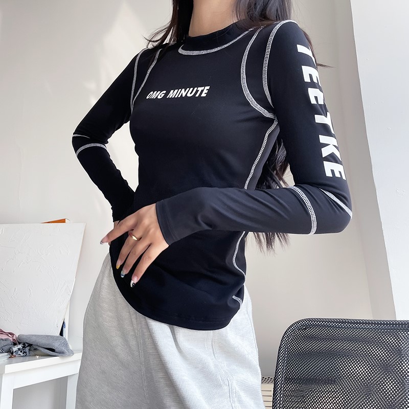 健身服女春秋款弹力紧身训练运动T恤字母K瑜伽服上衣速干长袖新款